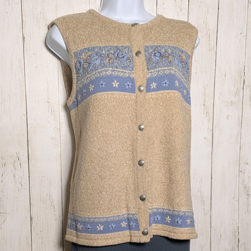 Vintage Knit Sweater Vest Floral Embroidered Blue Tan Cottagecore Womens M
